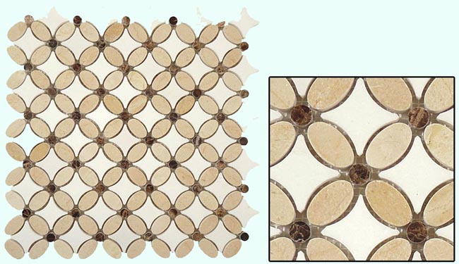 Flower Tile Design in Crema Marfil, Emperador Dark, and Thassos White Marble